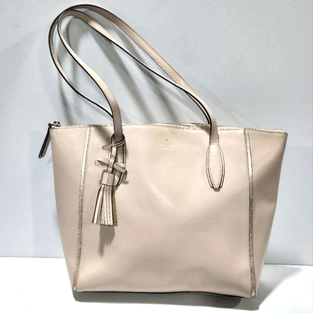 Kate Spade New York Kali Tote Bag Beige Pink Leather Shoulder Bag Purse